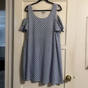 Blue and white Robbie Bee cold shoulder dress!